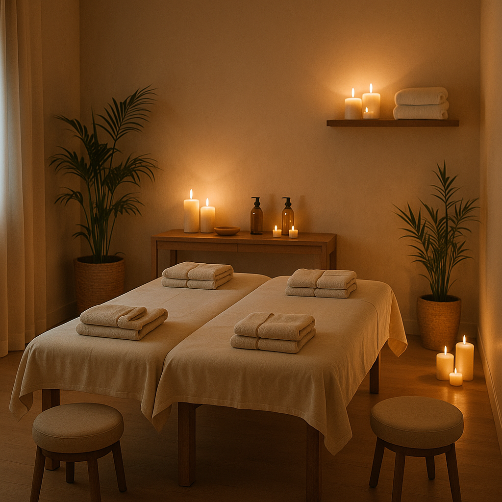 Calm room prepared for a 4-handed sensual massage